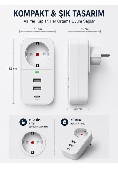 Termal Akım Korumalı Çoklayıcı Priz 2 USB-A 1 PD Type-C 1 Soket 3680W Güvenli