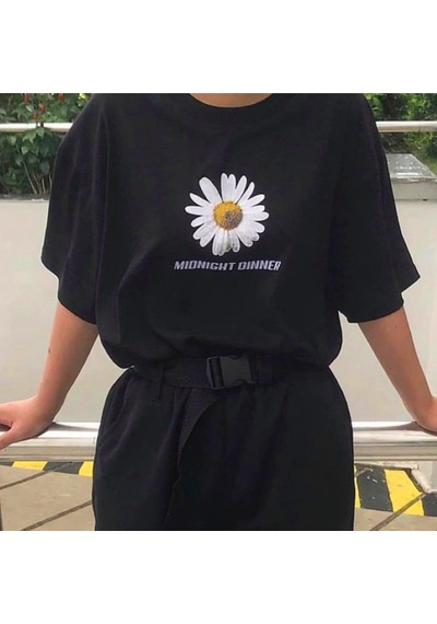 Noıssey Siyah Papatya Çiçek Baskılı Oversize Kadın
