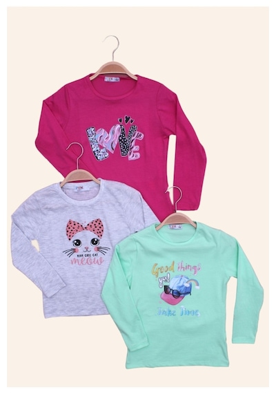 3'lü Love-cat Meow-good Things Baskılı Kız Çocuk Uzun Kol Fuşya-gri-yeşil Sweatshirt Çok Renkli 3'lü Love-cat Meow-good Things Baskılı Kız Çocuk Uzun Kol Fuşya-gri-yeşil Sweatshirt Çok Renkli