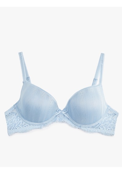 Koton Dantel Detaylı Push Up Dolgulu Balenli Sütyen Mavi 6slk10079mk
