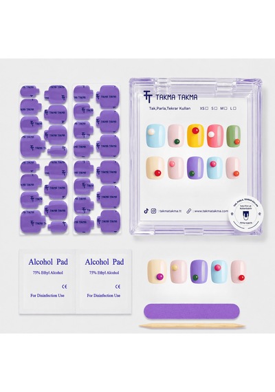 Renkli Nail Art Kısa Kare El Yapımı Jel Takma Tırnak Kkkr-3513 M