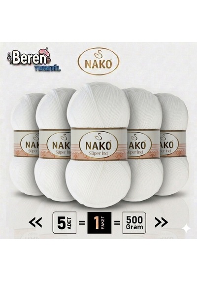 Süper İnci-208 Beyaz 5'li Paket - 100gr/250m - Bebek İpi - Anti Pilling Tüylenmez İp