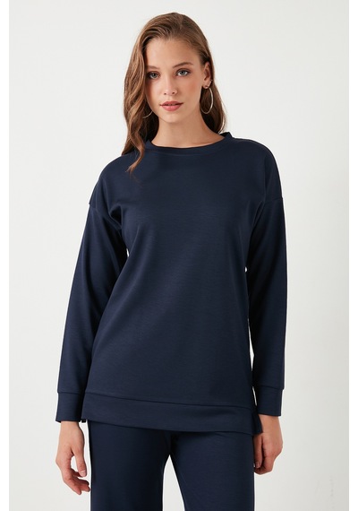 Lela Streç Oversize Fit Bisiklet Yaka Modal Kumaş Bayan Sweat 5865877 Lacivert