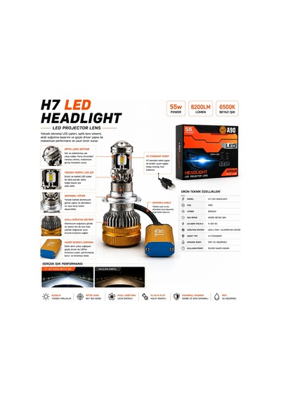 H7 A90 Led Xenon 55w 8200lm Optik Lensli 6500k Beyaz Işık Far Ampulü