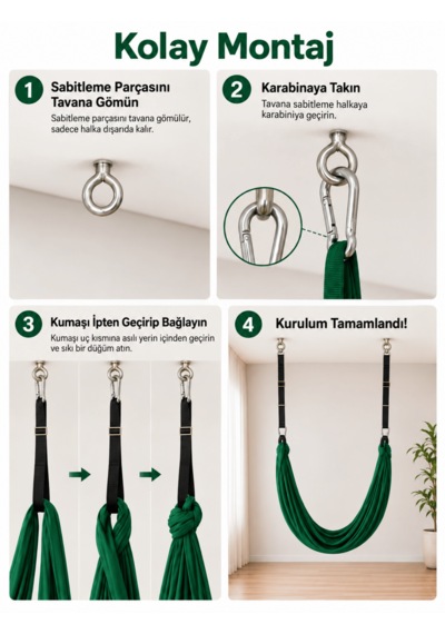 Beylini Yoga Hamağı Fly Salıncağı Yükseklik Ayarlanabilir Antigravity Esnek Askılı Denge Spor Aleti Pilates Fitness Denge Esneme Gerdirme Gelişim Yeşil