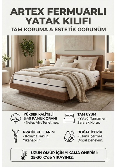 Kılıf Bamboo 140x200 Yatak Kılıfı Koruyucusu Örtüsü Fermuarlı Kapitone Fit Zippered Mattress Cover Natural
