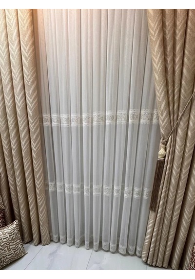 Nivemeshome Verona Gold Çiçekli 1/3 Pileli Tül Perde Ekru