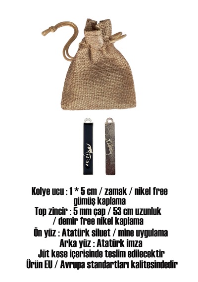 Atatürk Silüetli Siyah Mineli Dikdörtgen Kolye Atatürk İmza - Unisex Özel Tasarım Kolye 02 - Gümüş