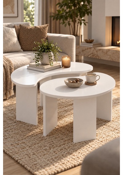 Sulorahome 2'li Oval Modern Orta Sehpa Seti Beyaz