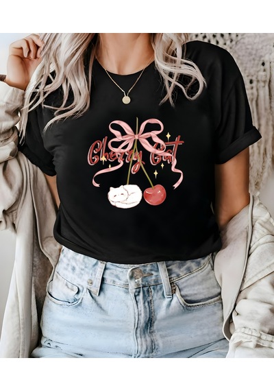 Aselinda Unisex Erkek/kadın Cherry Cat Özel Baskılı Pamuklu Bisiklet Yaka T-shirt Tshirt Siyah