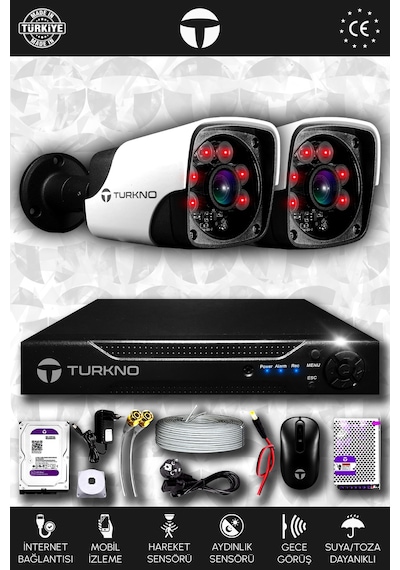 Turkno 2 Kameralı Pania 2 Dış Kamera Set 250 GB HDD Full HD Gece Görüşlü Güvenlik Kamerası Sistemi