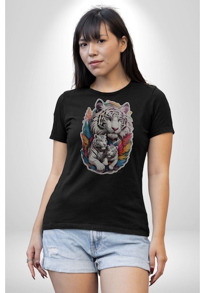 Siyah Kaplan Ailesi Renkli Tüyler Unisex Unisex Siyah Organik Baskılı T-shirt Penye Yüksek Kalite Siyah