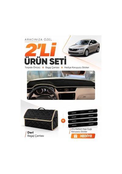 E-biz Skoda Octavia 2013-2019 Uyumlu Torpido Örtüsü + Deri Bagaj Çantası Seti - Siyah-bej - Sk010