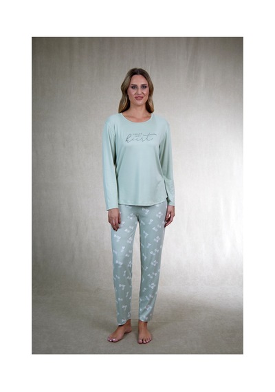 Estiva Kadın Yaprak Alt Desenli Soft Uzun Kollu Pijama Takımı Yeşil