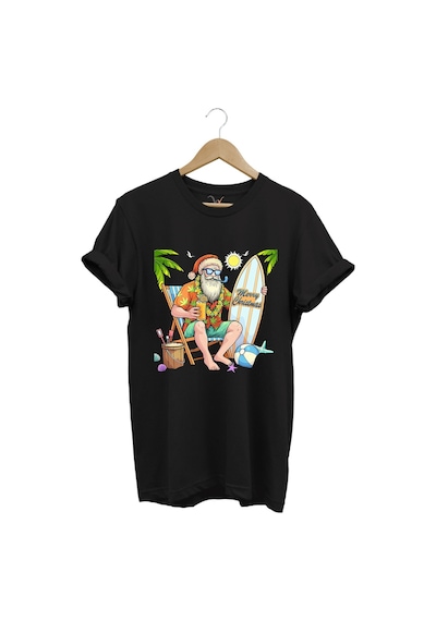 Merry Christmas Yaz Temalı Plajda Noel Baba Baskılı %100 Pamuk Unisex Regular Fit T-shirt Siyah