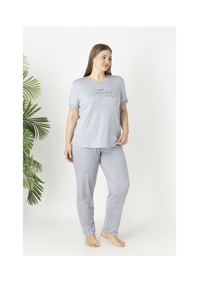 Estiva Kadın Puantiye Alt Desenli Kısa Kollu Soft Battal Pijama Takımı Gri