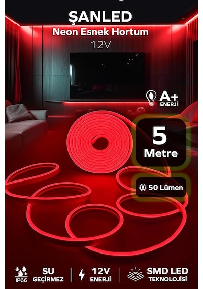 Neon 12 Volt Esnek Hortum Led Kırmızı 5 Metre 5 Metre Beyaz