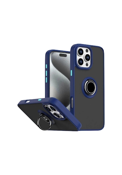 Apple Uyumlu iPhone 16 Pro Kılıf Yüzüklü Standlı Extra Darbe Koruma Sert Silikon Kapak - Lacivert