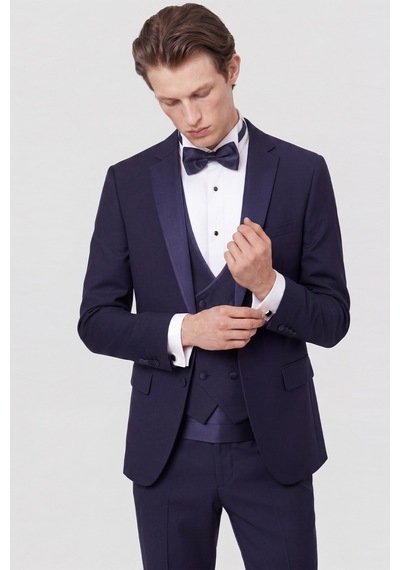 Ac&Co / Altınyıldız Classics Erkek Lacivert Slim Fit Dar Kesim Mono Yaka Desenli Yelekli Smokin Takım Lacivert