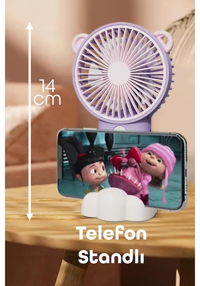 Şarjlı Telefon Standlı Mini El Fanı Seyahat Masaüstü Vantilatör Taşınabilir Mini Fan Mor 0808