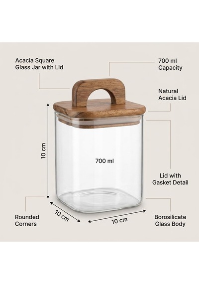 Akasya Kapaklı Kare Borosilikat Cam Kavanoz 700 Ml, 10 10 Cm, Contalı Tutma Kulplu Şeffaf Erzak Kabı, Kuruyemiş Kahve Çay Şeker Baharat Ve Kuru Gıda Saklama Kavanozu Çok Renkli