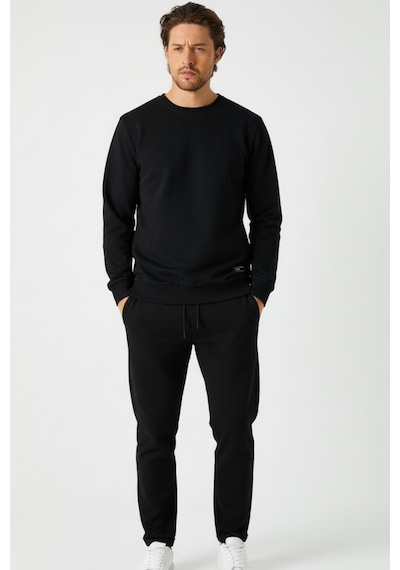 Mmetalic Siyah Relaxed Fit Bisiklet Yaka Sweatshirt Düz Paça Erkek Eşofman Takımı Siyah