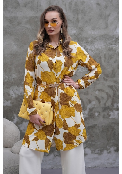 Polologin Butik Hardal Kahverengi Yaprak Desenli Tunik Hardal Kahverengi