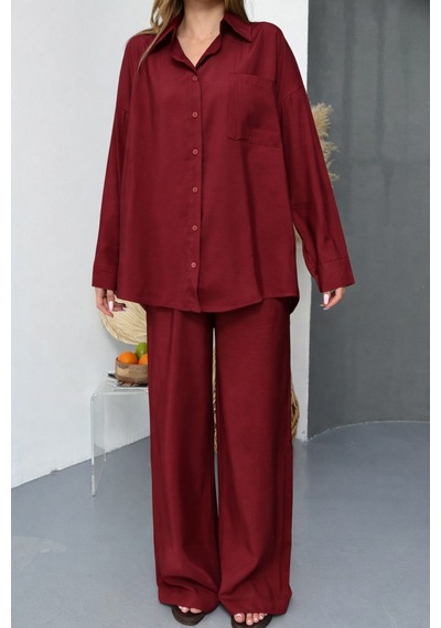 Balenbi Oversize Gömlek Bol Paça Pantolonlu Rahat Kesim Kadın İkili Takım 1201 Bordo