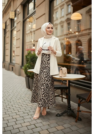 Unika Boutique Leopar Desenli Uzun Bürümcük Kloş Etek Kahverengi