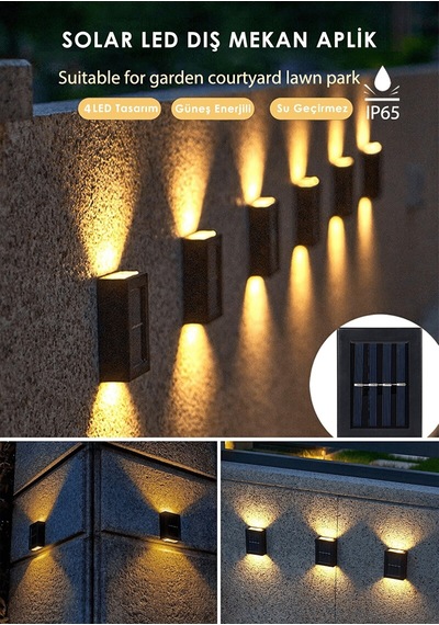 4 Led Li Solar Çift Taraflı Duvar Lambası Güneş Enerjili Siyah