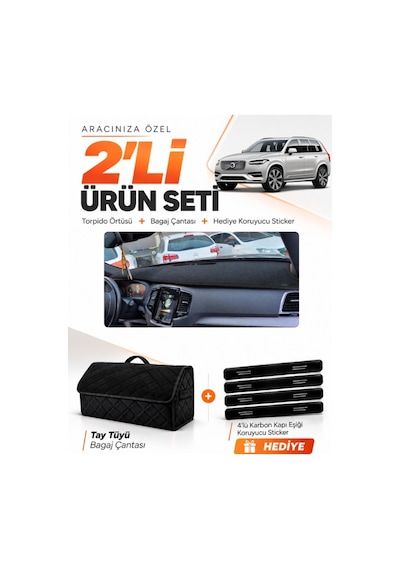 Volvo Xc-90 2015-2024 Uyumlu Torpido Örtüsü + Tay Tüyü Bagaj Çantası + Sticker Seti - Siyah