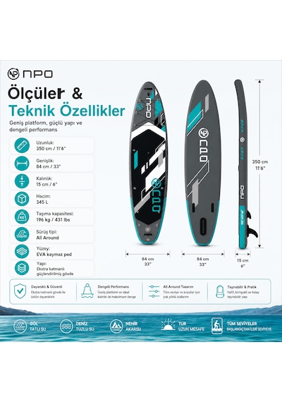 Npo Aqua Gray 350x84x15cm Şişme Military Sup Paddle Board 196kg Kürek Pompa Çanta Koltuklu Full Set