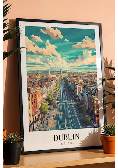 Dublin Ireland Vintage Seyahat Posteri Çerçeveli Tablo - Premium Şehir Elit Duvar Dekoru Siyah