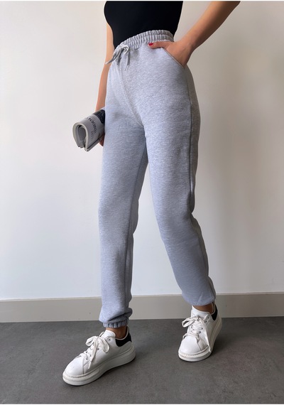 Gugus Trend Kadın Kışlık Kalın İçi Polarlı Yüksek Bel Paçası Lastikli Basic Jogger Eşofman Altı Gri