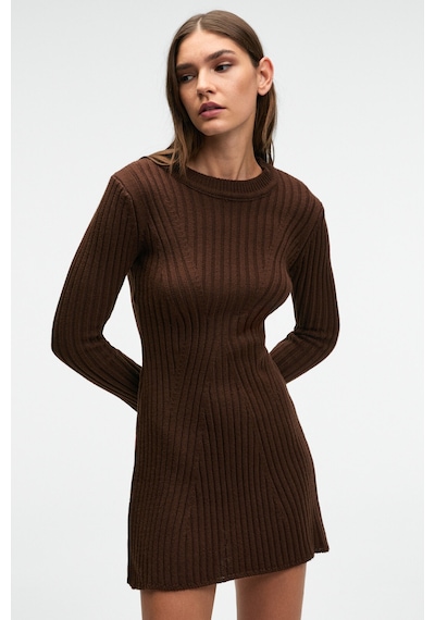 Grımelange ENCANTO Kadın Yuvarlak Yaka Çizgi Desenli Slim Fit Kahverengi Elbise
