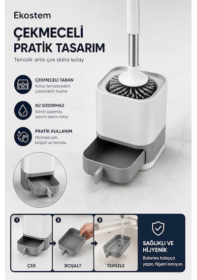 Silikon Uçlu Hazneli Tuvalet Fırçası Seti - Tuvalet Ve Klozet Temizleme Fırçası Lüx Beyaz