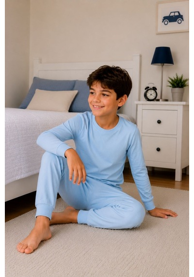 Zuzunga Soft Mavi %100 Pamuk Basic Erkek Çocuk Pijama Takımı