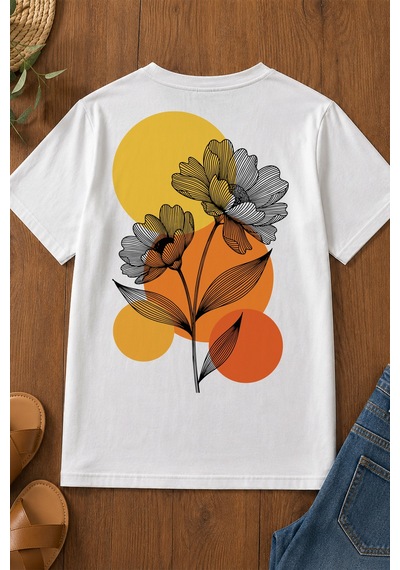 Spoyi Sunset Bloom Tasarımlı %100 Pamuk Yarım Oversize Beyaz T-shirt
