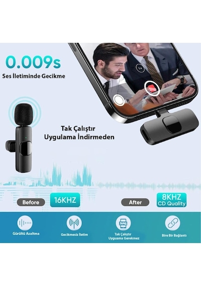K9-d Type C Lightning Wireless Kablosuz Mikrofon Dönüştürücülü Tak Çalıştır Android Telefon T Standart