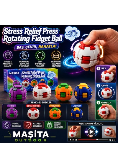 Masita Stress Relief Press Rotating Fidget Ball / Bas Çevir Rahatla 360 Derece Dönen Stres Giderici Fidget Topu 1 Adet