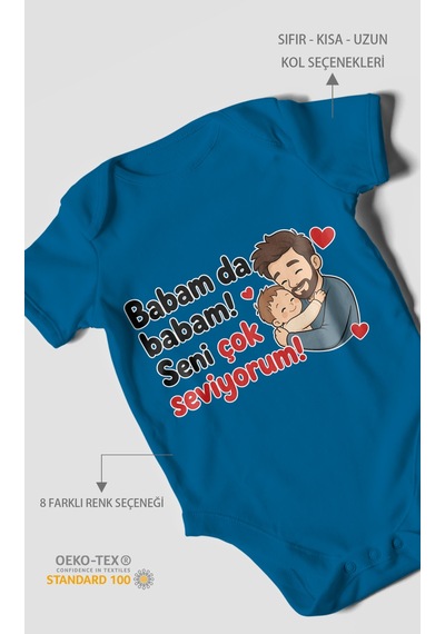 Morivokids Babam Da Babam Seni Çok Seviyorum Kısa Kollu Bebek Body %100 Pamuk Koyu Mavi