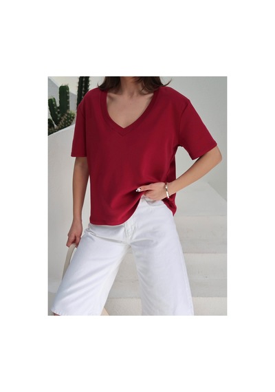 Paw Garage Kadın Massi İnterlok Kumaş V Yaka Oversize T-shirt Bordo