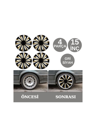 Jant Kapağı Takımı Abiyes 15 İnç Tüm Jantlar İle Uyumlu Tekerlek Göbeği Koruyucu 4 Parça Gri Siyah Glz02702400