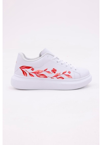 3d Dijital Baskı Kadın Beyaz- Fuşya Desenli Sneaker Beyaz-fuşya