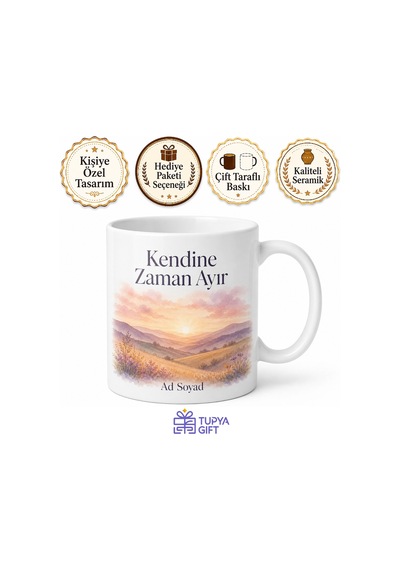 Kendine Zaman Ayır Yazılı Baskılı Kupa Bardak Özel Tasarım Hediye Beyaz / Çok Renkli