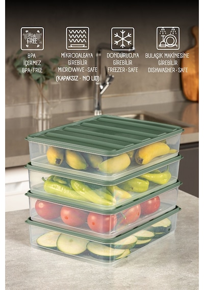 Vienev 4lü 3,5 Litre Buzdolabı Dondurucu Organizer Mikrodalga Ve Difrize Uygun Saklama Kabı Yeşil