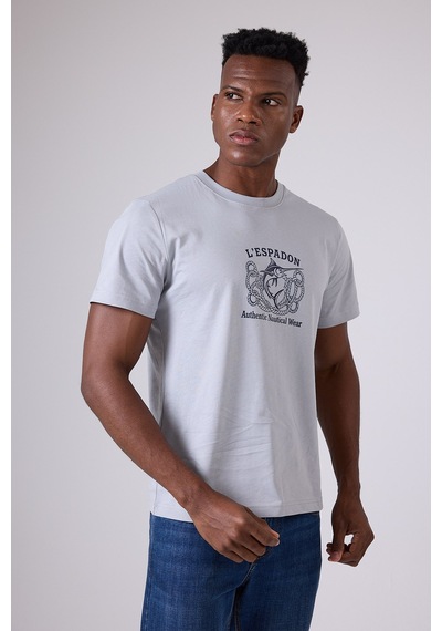 Marıne Tee Deniz Temalı Ribana Bisiklet Yaka Pamuk T-shirt-3138 Gri