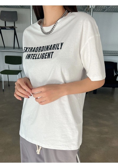 Kadın Beyaz Oversize Extraordinarily Baskılı Örme T-shirt Beyaz