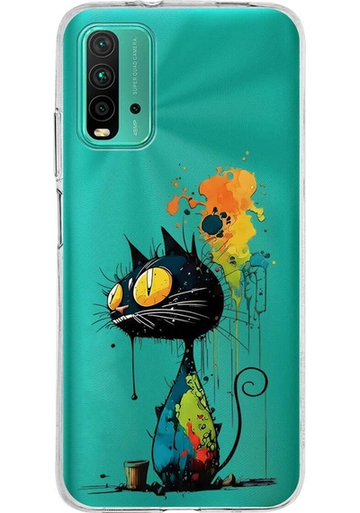 Poco M3 İle Uyumlu Splash Kedi Tasarımlı Şeffaf Silikon Kılıf Şeffaf