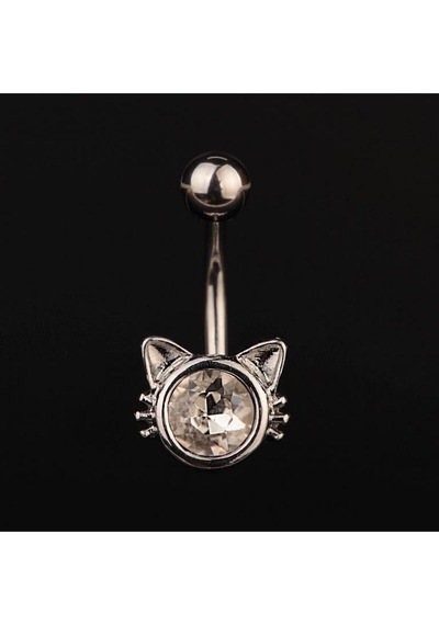 Zirkon Taşlı Kedi Model Göbek Piercingi Kedi Göbek Piercingi Beyaz - Siyah